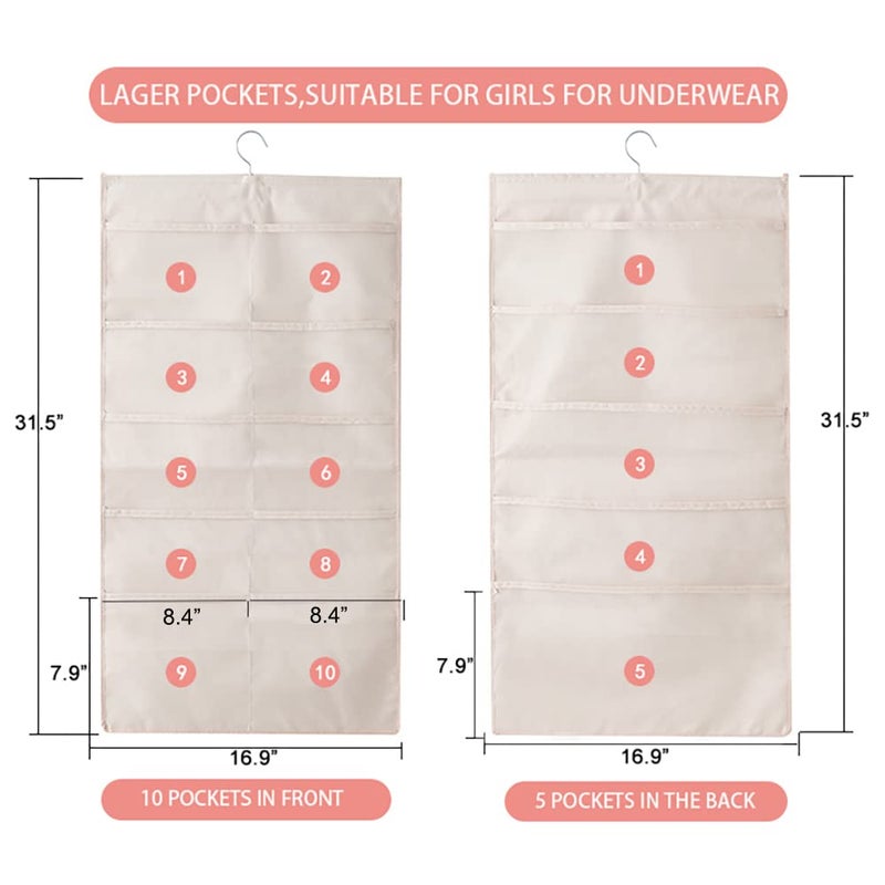 Bseash Enlarged Closet Hanging Bra Organizer with Rotating Metal Hanger, Dual Sided Wall Shelf Wardrobe Mesh Pockets Hanging Storage Bag for Bra Socks Underwear Underpants - Image 2